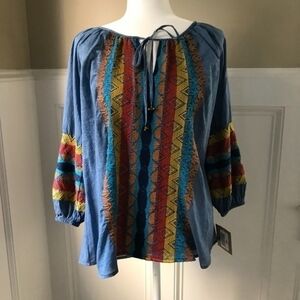 NWT Ivy Jane Aztec Embroidered Denim Top Xs